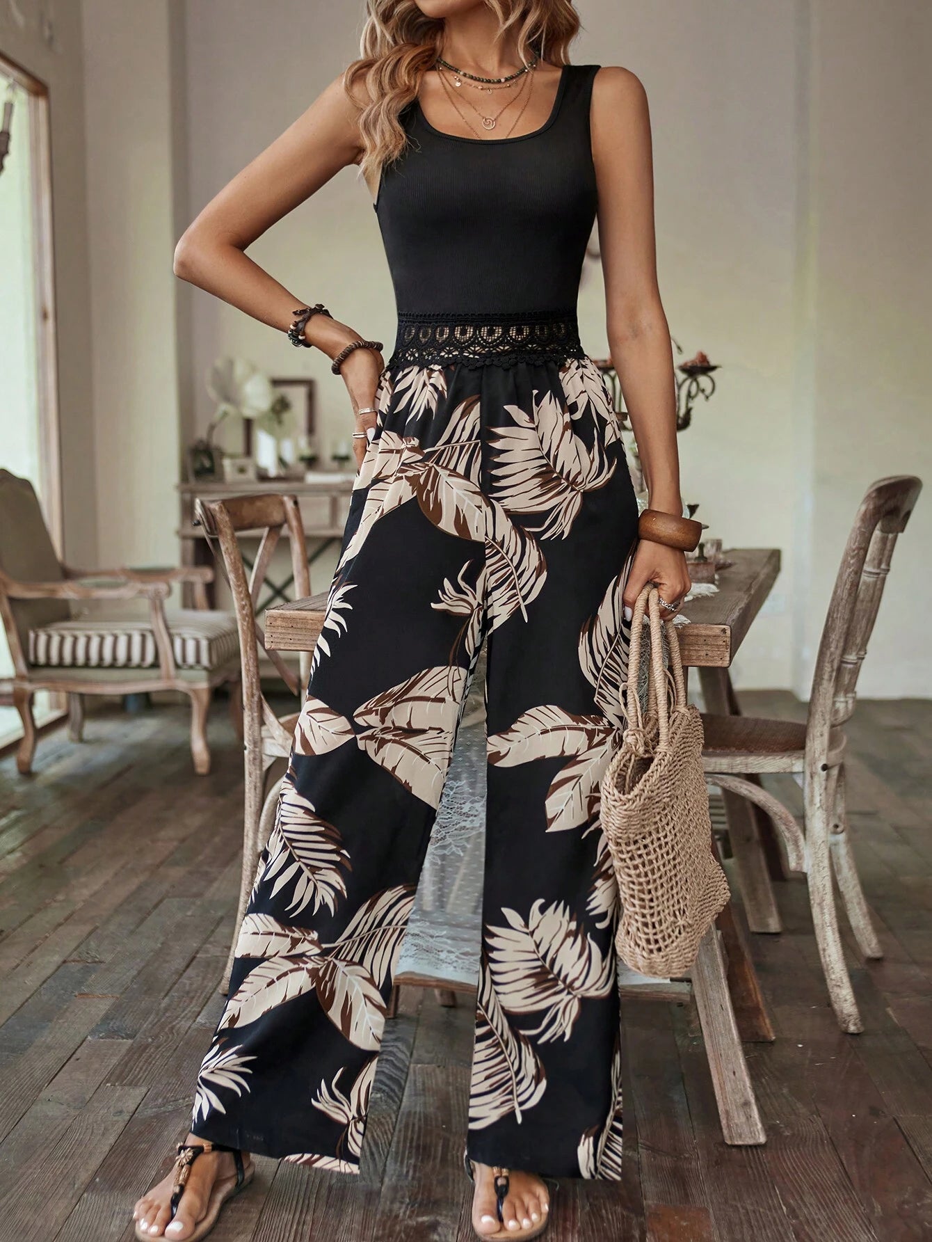 Breezaya Tropical Print Guipure Lace Insert Jumpsuit