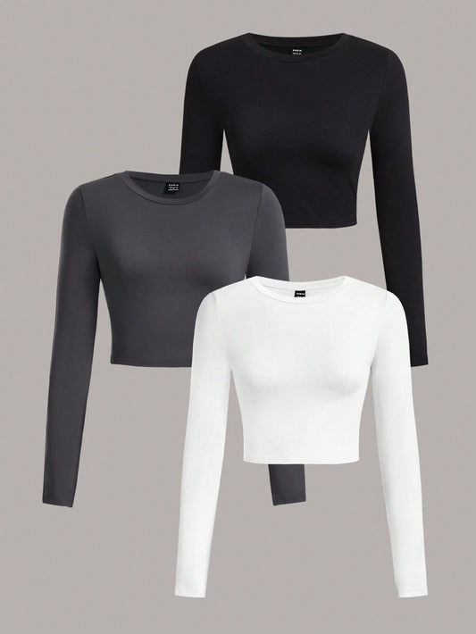 SHEIN Ezwear Multi-Pack Women Versatile Casual Simple Long Sleeve T-Shirt Valentine Day Autumn and Winter