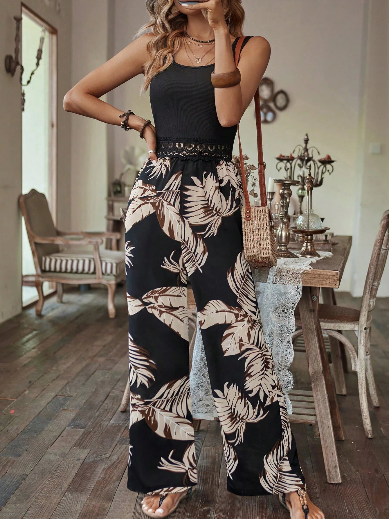 Breezaya Tropical Print Guipure Lace Insert Jumpsuit
