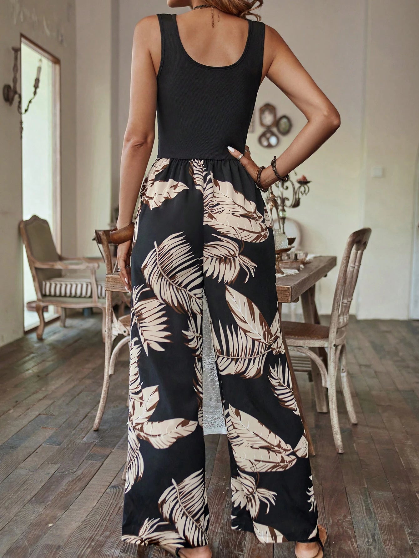 Breezaya Tropical Print Guipure Lace Insert Jumpsuit