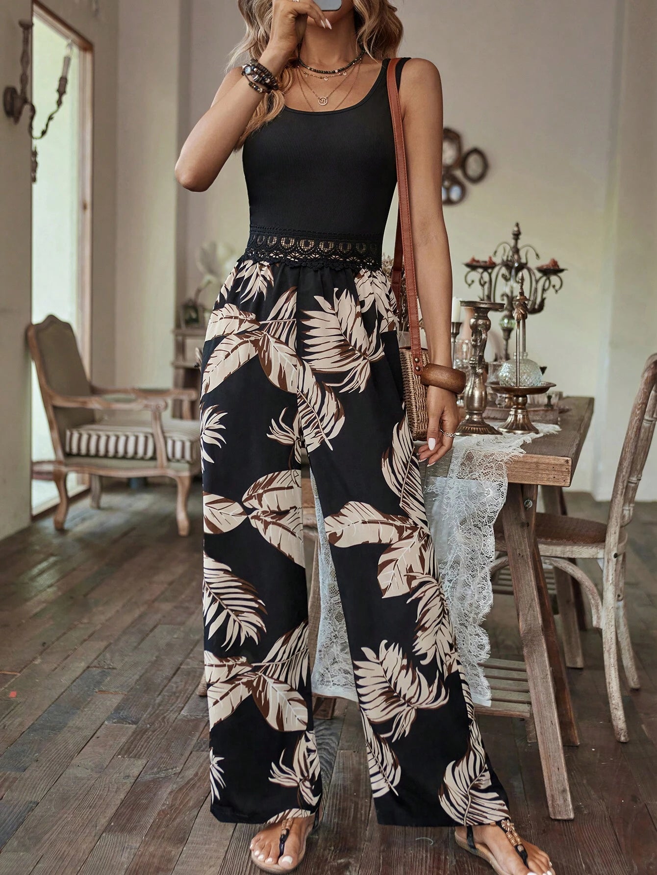 Breezaya Tropical Print Guipure Lace Insert Jumpsuit